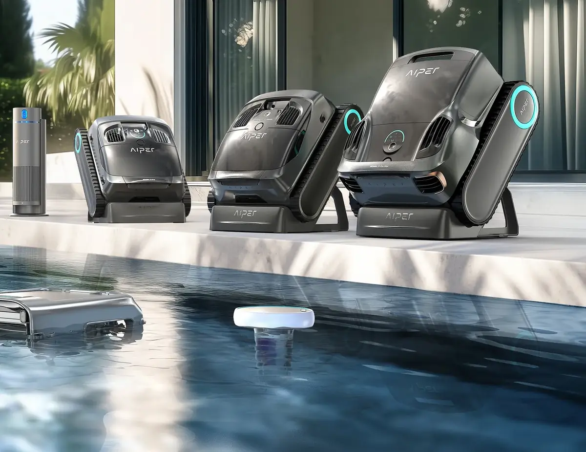 Aiper Scuba X1, X1 Pro and X1 Pro Max robots on their docks at the edge of a pool