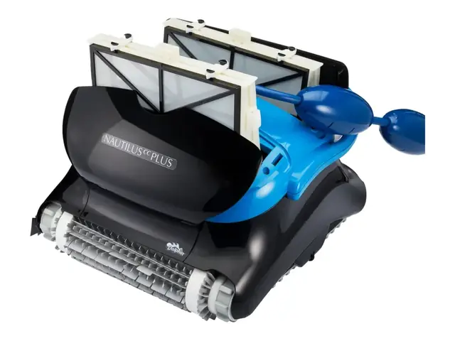 Dolphin Nautilus CC Plus robotic pool cleaner in black and blue, studio view with its two top-loading filter cartridges lifted out