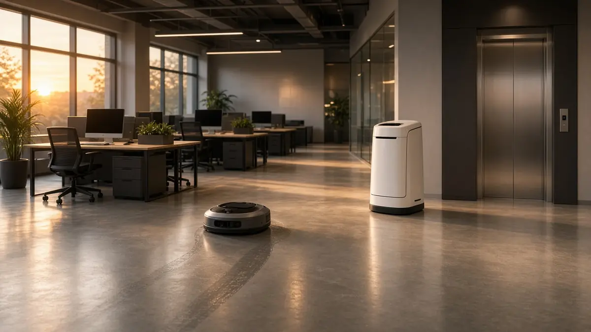 A floor-cleaning robot and a delivery robot in an empty open-plan office at sunset