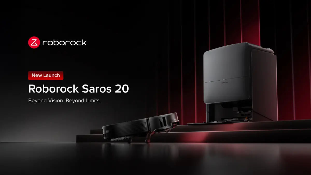 Roborock Saros 20 robot vacuum and its RockDock base